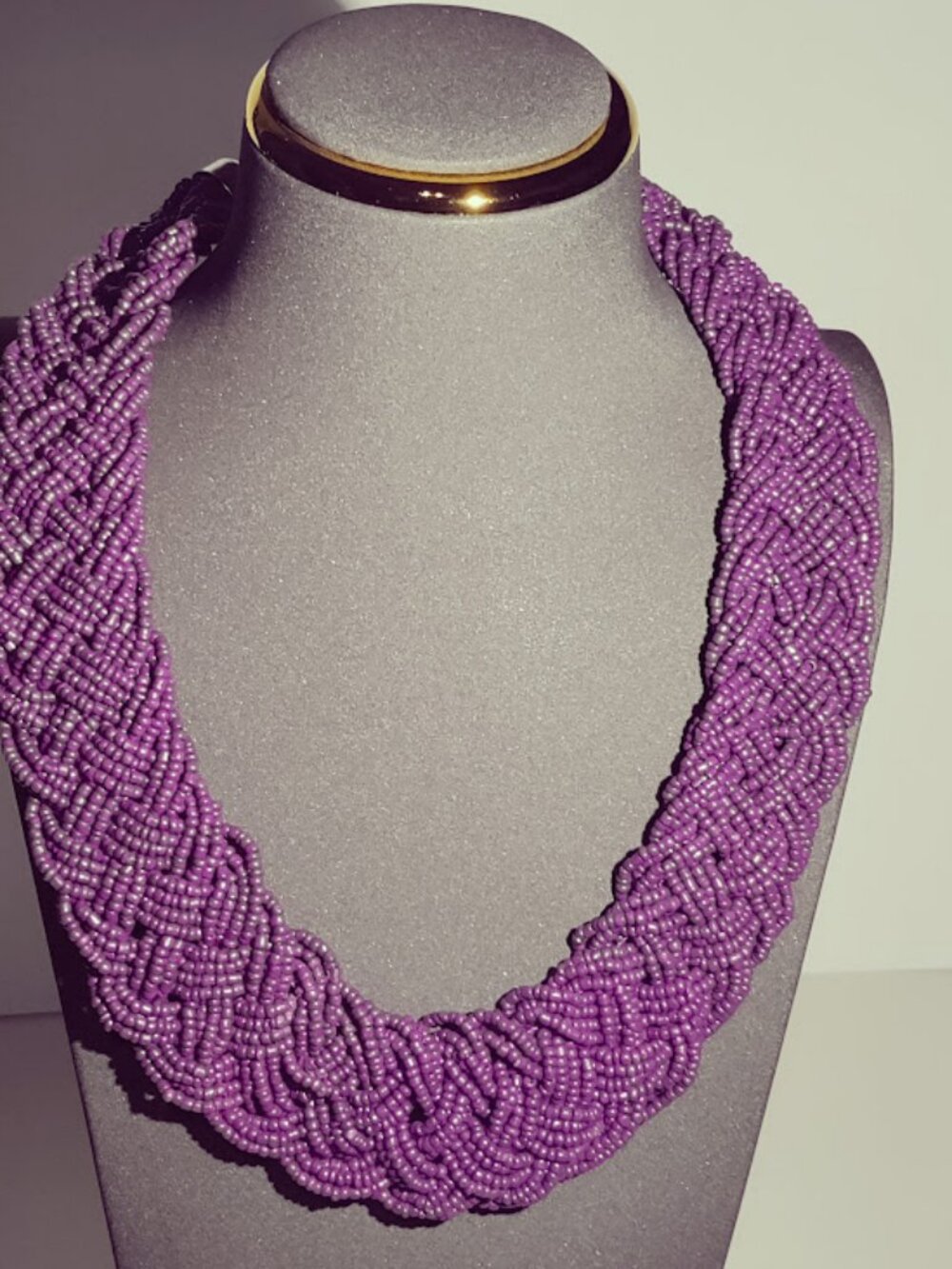 Purple Seed Bead Torsade Necklace Multi Strand Braided Statement Silver Tone